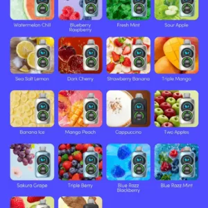 Banana Ice | Blue Razz Blackberry | Blue Razz Mint | Blueberry Raspberry | Cappuccino | Dark Cherry | Fresh Mint | Mango Peach | Sakura Grape | Sea Salt Lemon | Sour Apple | Strawberry Banana | Strawberry Kiwi | Triple Berry | Triple Mango | Two Apple | VCT (Vanilla Custard Tobacco) | Watermelon Chill